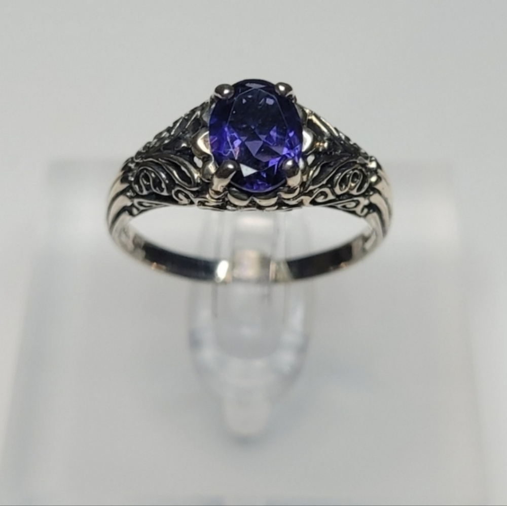 CNA Vintage Style Blue Cubic Zirconia Sterling Silver Ring Size 7 3/4